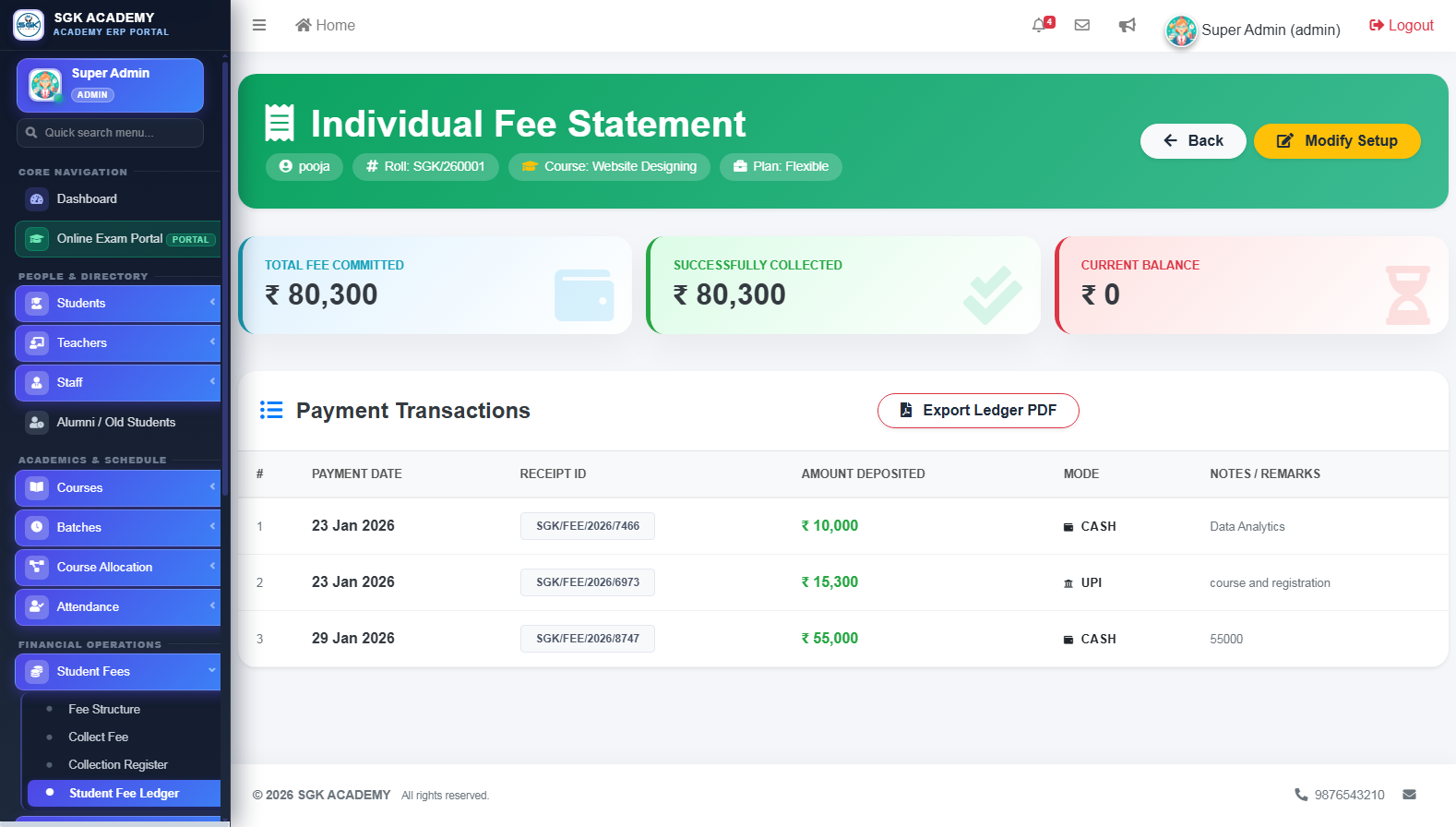 Student Fee Ledger & Installments