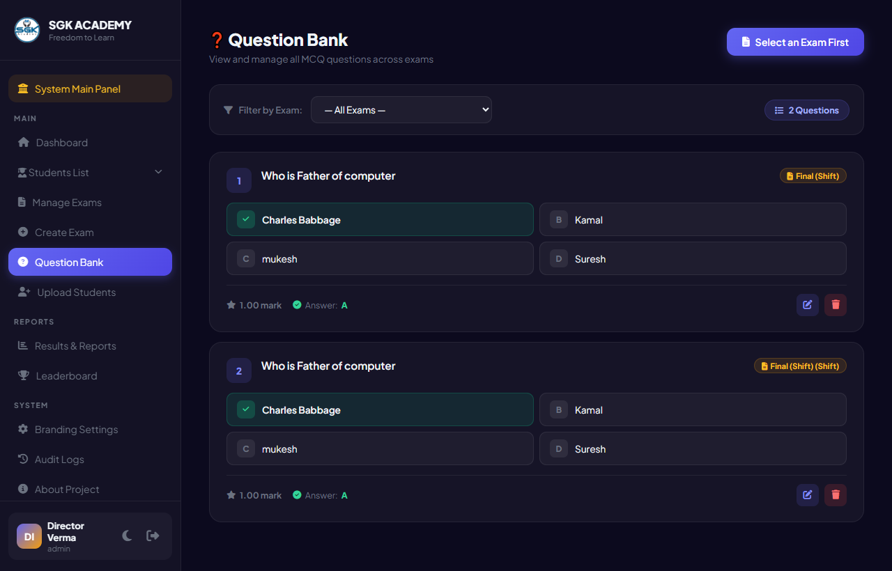 Live MCQ Question Bank Manager
